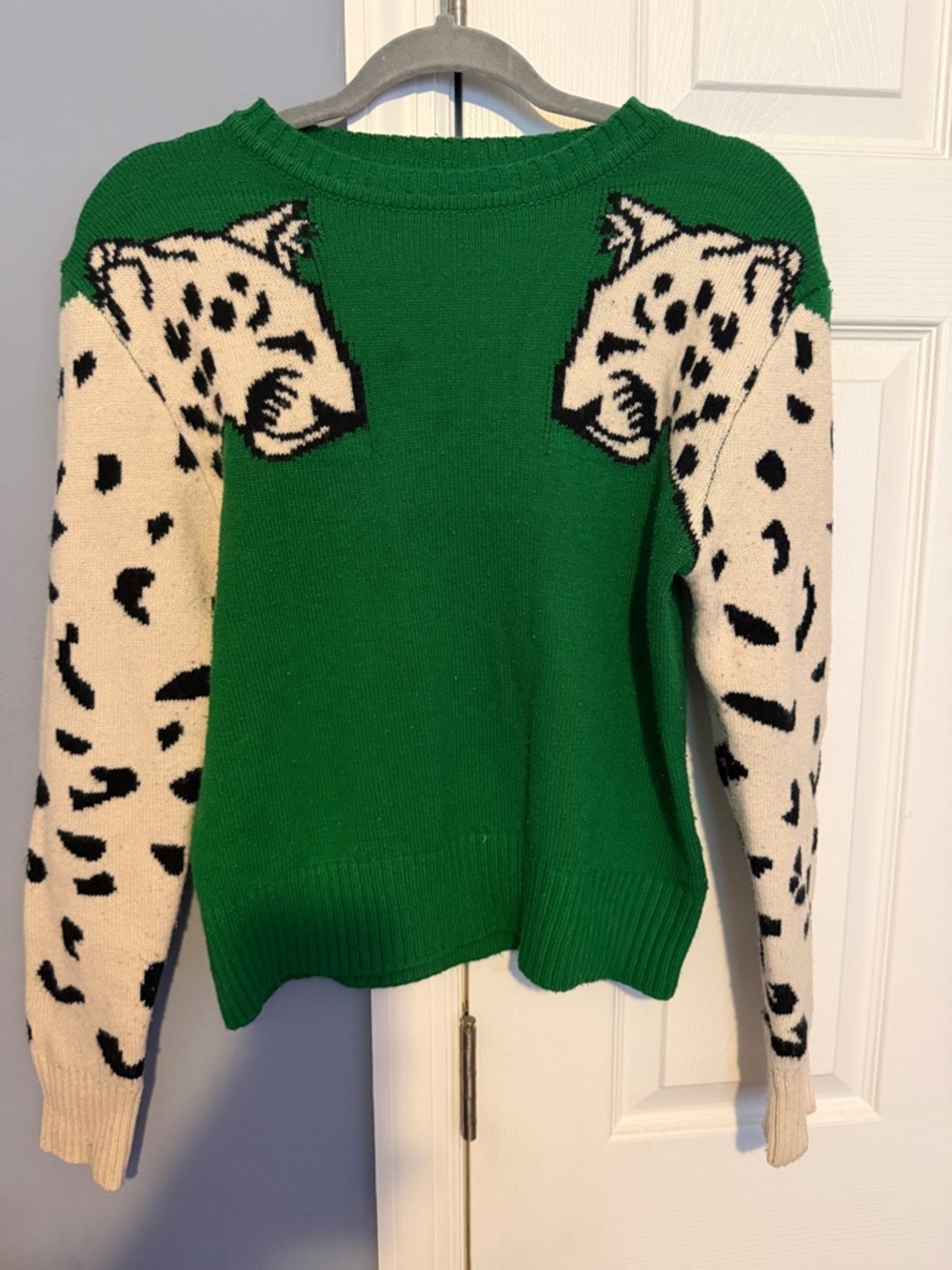 SHEIN Green Crewneck Sweater with Cream & Black Animal-Print Sleeves